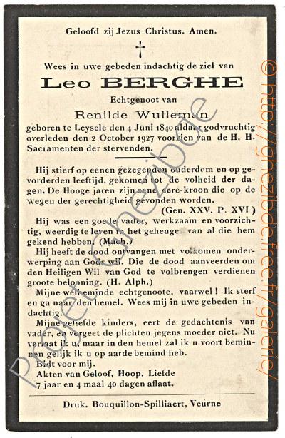 Leo Berghe echtgenoot van Renilde Wulleman, overleden te Leysele, den 2 October 1927.